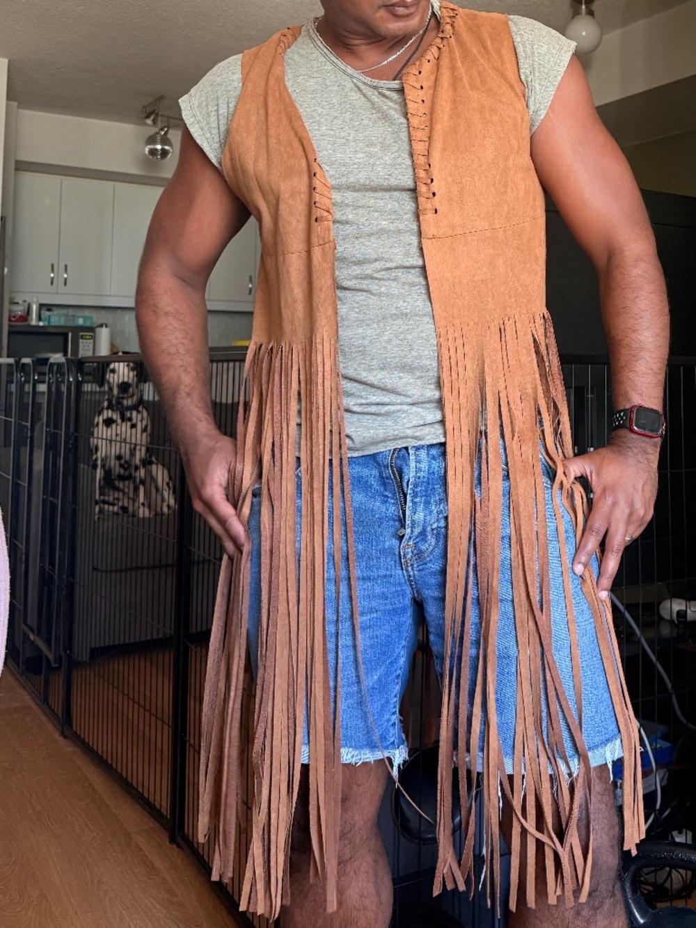 Faux-suede fringed knee-length vest - Picture 3 of 5